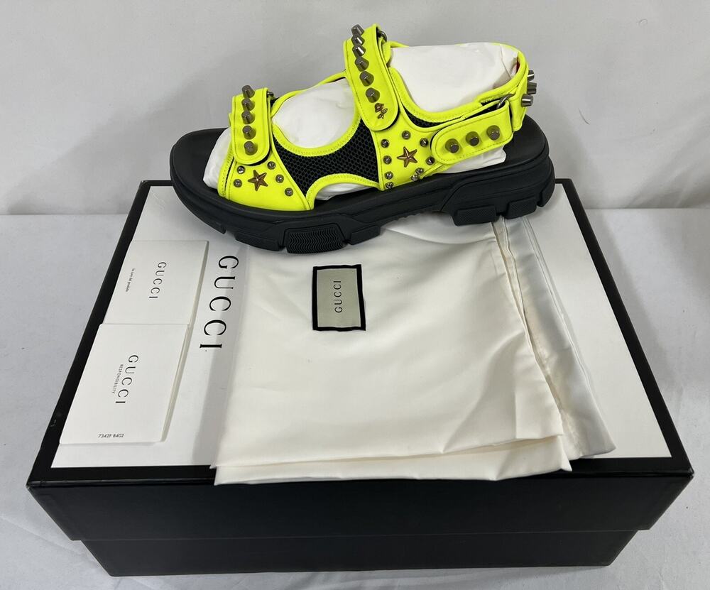 NIB Gucci Aguru Neon Yellow Floral/Star Detail Studded Sandal 11EU/12US $1150.00